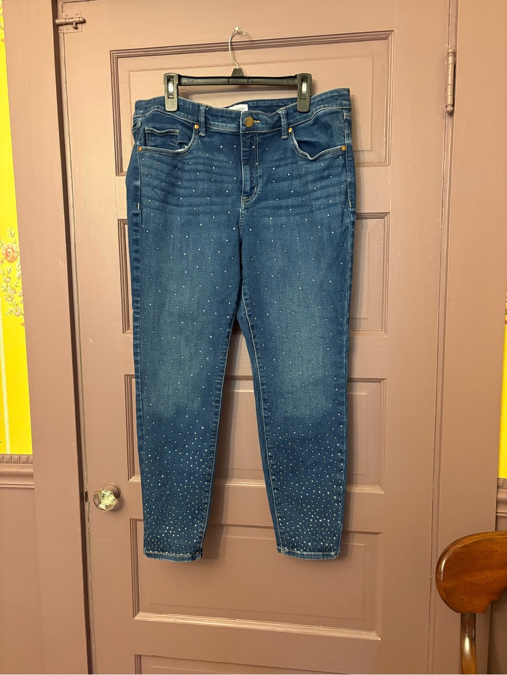 Lane Bryant Dark Blue Rhinestone Women’s Jeans, sz 18, high rise, skinny fit